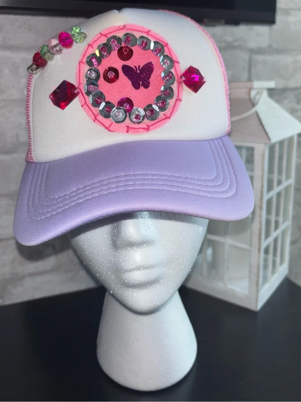 Handmade Design Women’s Pink & Lavender Sequin Butterfly Trucker Hat